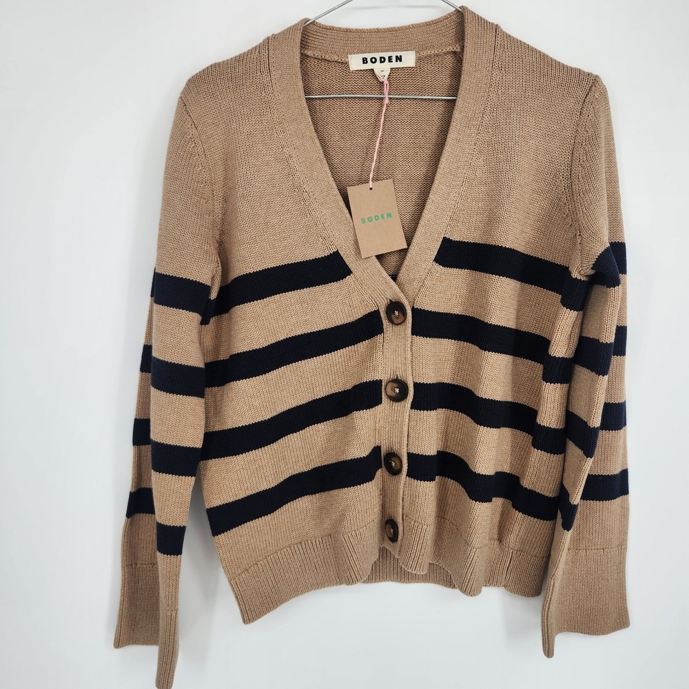 Boden Women Tan Navy Blue Striped Cotton V-Neck Cardigan Sweater K1214 XS NWT